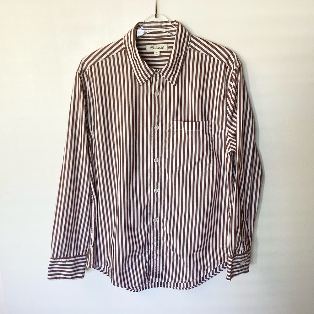 Madewell Men’s Striped Poplin Easy Long Sleeve Button Up Shirt - Brown/White - S